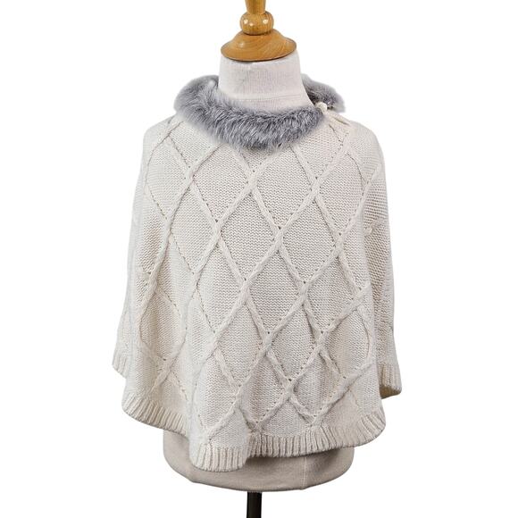 Janie and Jack Girl's Faux Fur Trimmed Cable Knit Sweater Ivory Poncho | 4 - Picture 1 of 14